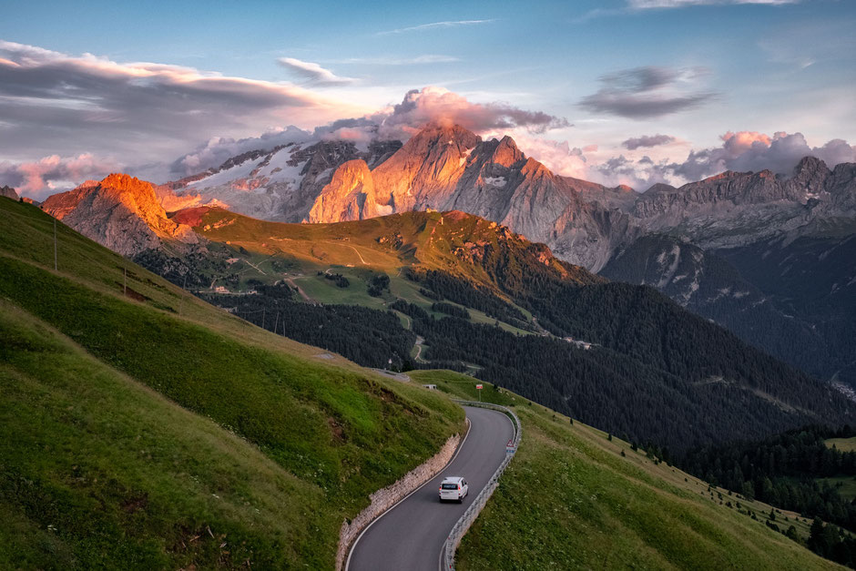 Mountain Passes Of The Italian Dolomites Worth Stopping For A Photograph 3 Marmolada at sunset photographed from the Sella Pass