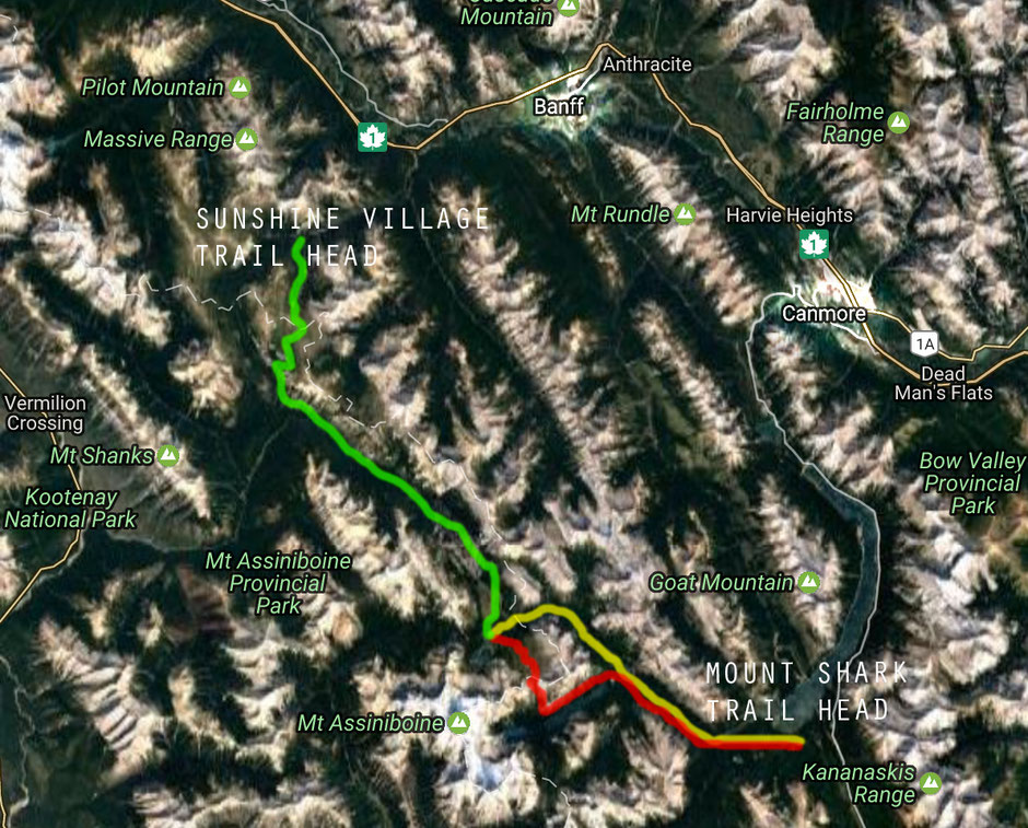 Yellow trail - Assiniboine Pass; Red trail - Wonder Pass; Green trail - path from Sunshine Village
