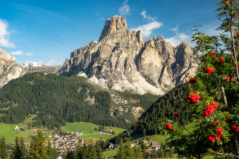 Corvara and Sassongher viewed from the Compologno Pass in the Italian Dolomites