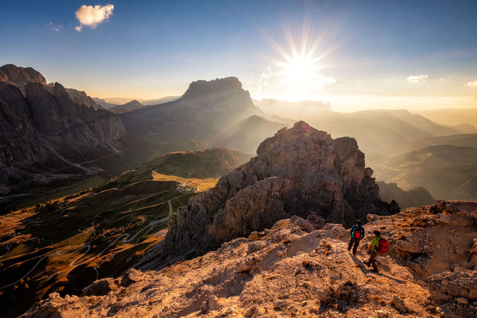 Sunset on the via ferrata Gran Cir near Passo Gardena in the Italian Dolomites