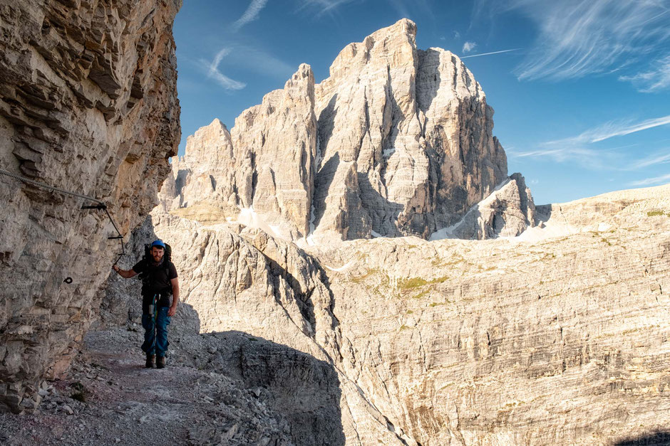 The view along the Via Ferrata Strada Degli Alpini with Croda Dei Toni in the background