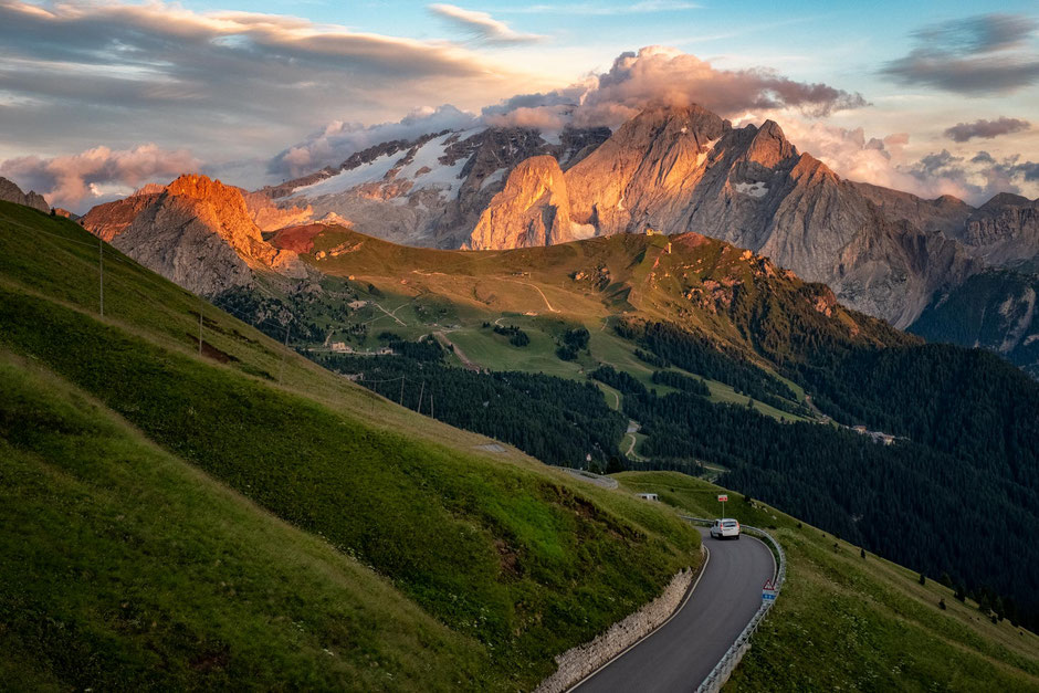 Driving from Passo Sella to Canazei with Marmolada in the background