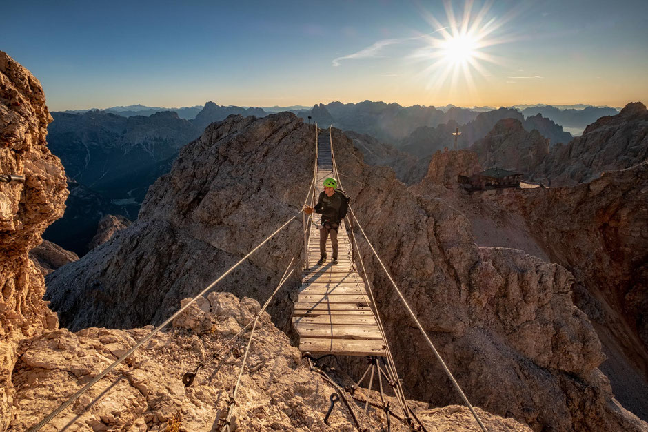 Top Via Ferratas Around Cortina d'Ampezzo In The Italian Dolomites 6 The suspension bridge and the nonoperational rifugio Laurenzi built on forcella Staunies. The views along via ferrata Ivano Dibona, one of the best iron paths around Cortina D'Ampezzo