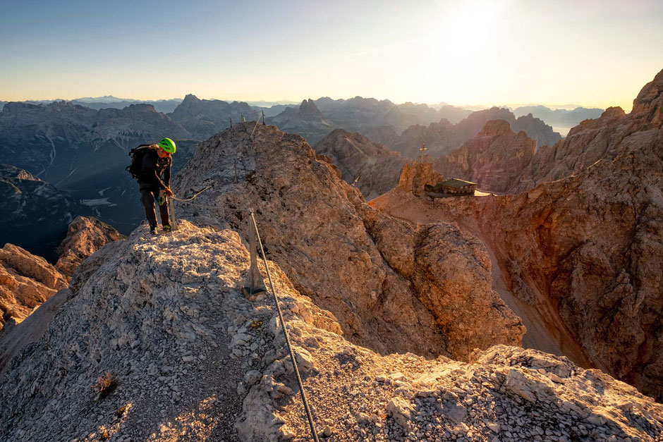 A climber on the via ferrata Ivano Dibona in the Italian Dolomites