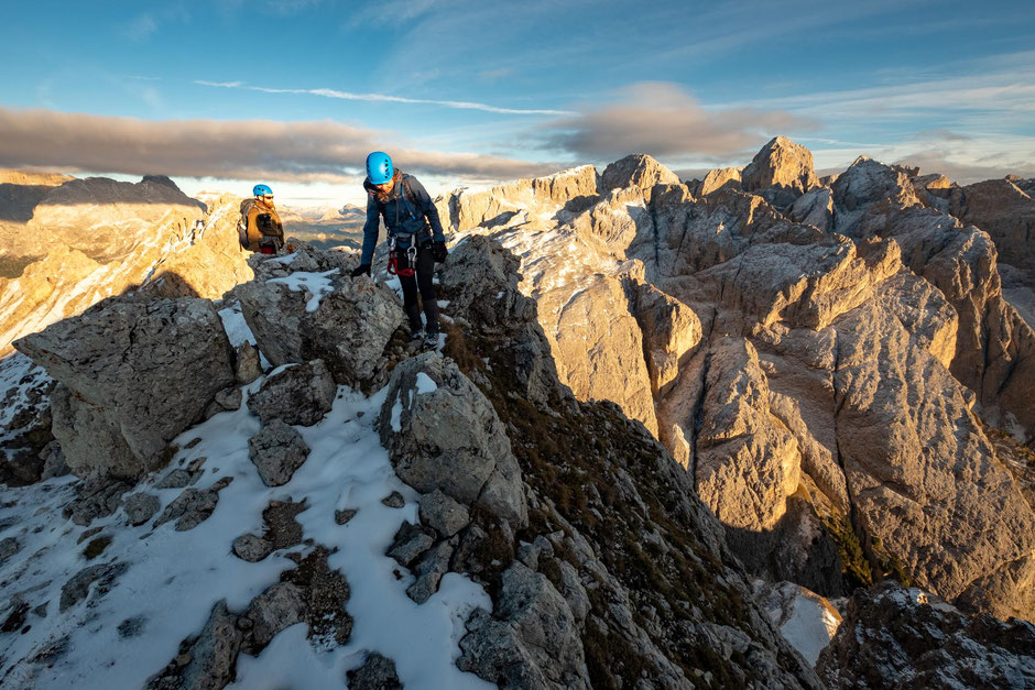 On the Terrarosa ridgeline along the via ferrata Sentiero Massimiliano in the Rosengarten group