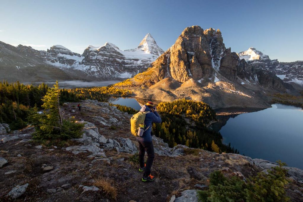 Mount Assiniboine, Sunburst and Cerulean Lakes as seen from the trail to the Nub peak