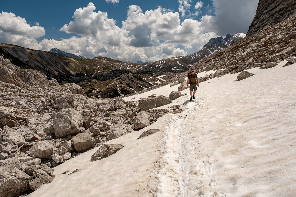Snow in late June on the trail to Seekofel (Croda Del Becco)
