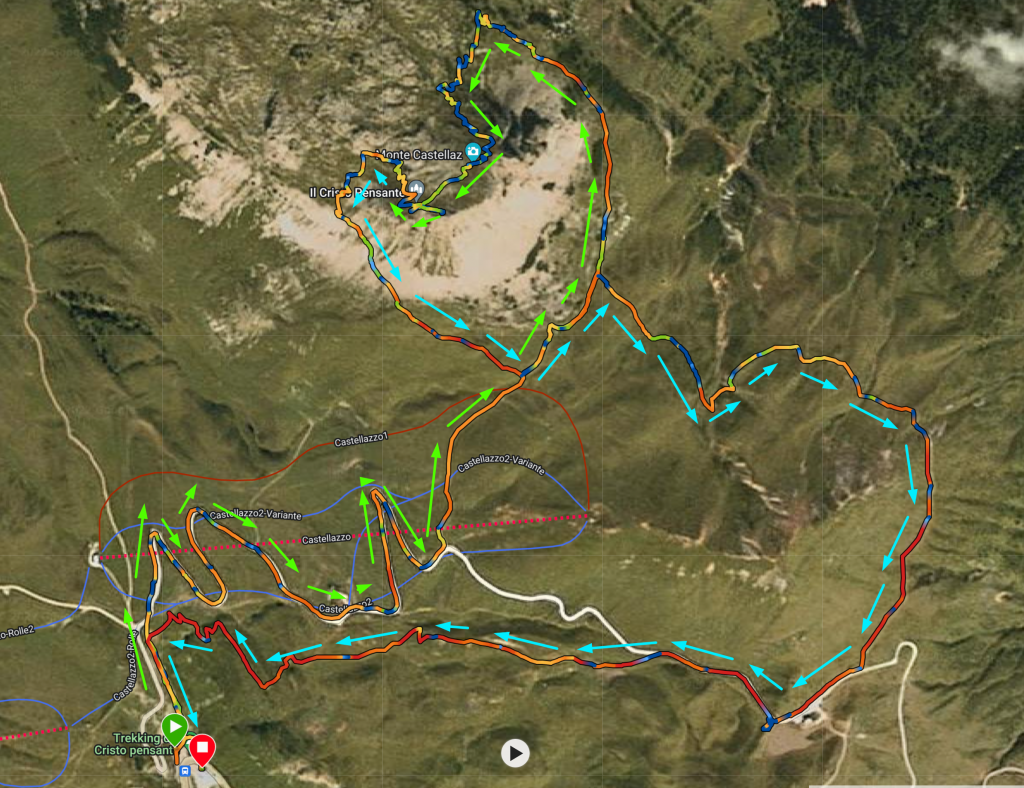 A map of the hike to the summit of Monte Castelazz in the Italian Dolomites